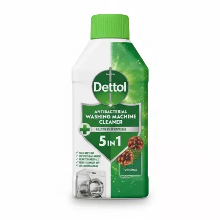 Bottle of Dettol Antibacterial Washing Machine Cleaner with green cap