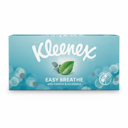 Kleenex Easy Breathe tissue box with menthol and eucalyptus