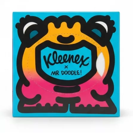 Kleenex tissue box with colourful Mr Doodle artwork on sides