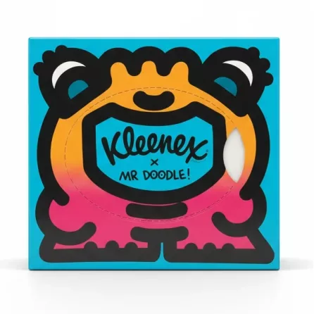 Kleenex x Mr Doodle limited-edition tissue box front view with vibrant doodle design