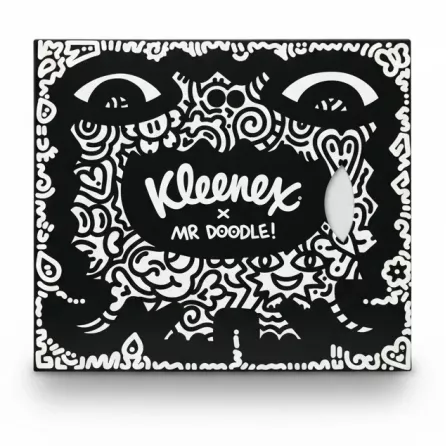 Kleenex tissue box with black and white Mr Doodle artwork front design