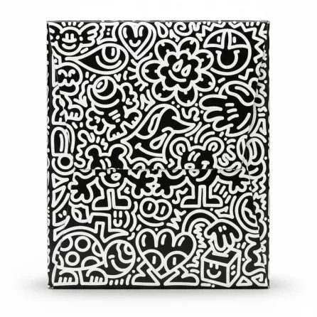 Back view of Kleenex tissue box featuring detailed black and white doodle pattern