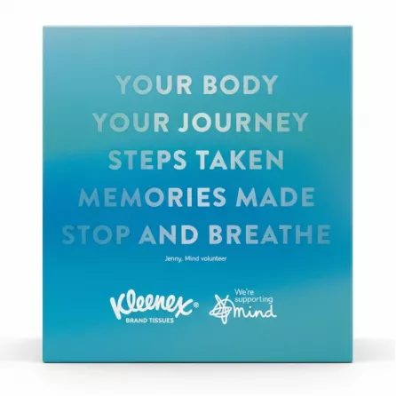 Back of Kleenex box with motivational text and Mind charity support logo