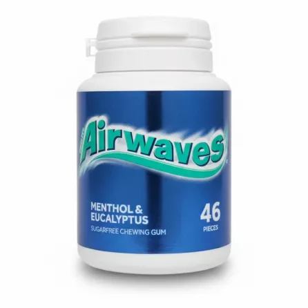 Bottle of Airwaves Menthol & Eucalyptus sugarfree chewing gum held in hand