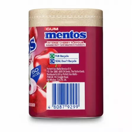 Backside of Mentos Pure Fresh Cherry Gum showing barcode and recycle instructions on a white background