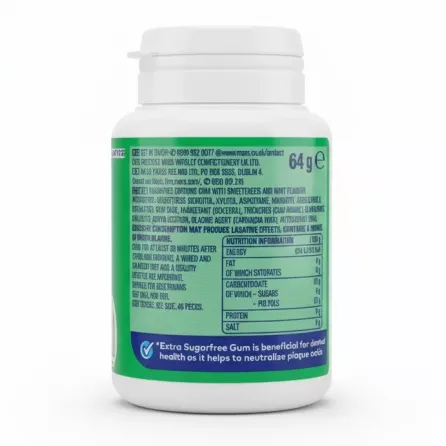 Back label with ingredients and nutrition of Wrigley's Extra Spearmint gum