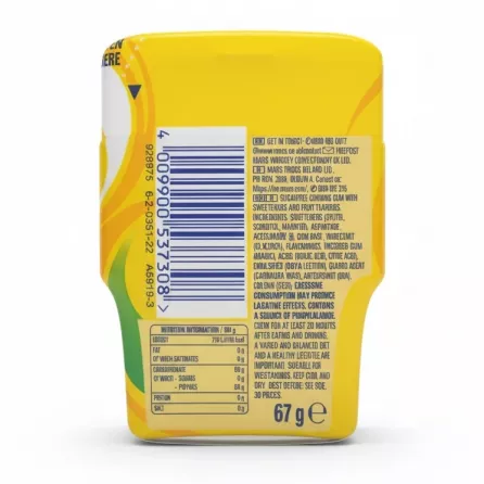 Wrigley's Extra Refreshers Tropical Sugarfree Gum pack back with ingredients and nutritional info