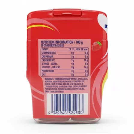 Wrigley's Extra Refreshers strawberry lemon gum pack back with ingredients and nutrition