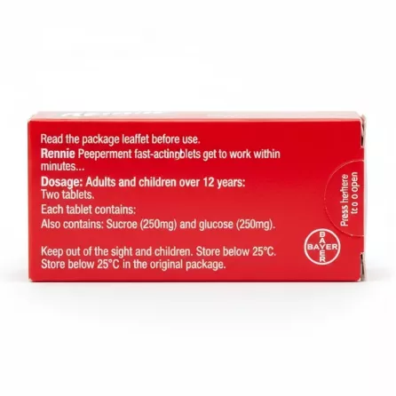 Back of Rennie Peppermint box with dosage instructions