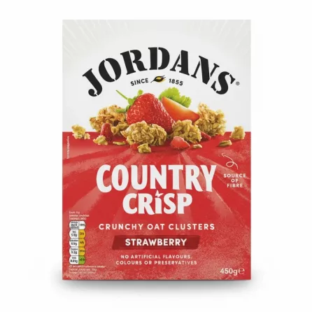 Front of Jordans Country Crisp Strawberry cereal box showing crunchy oat clusters and strawberries