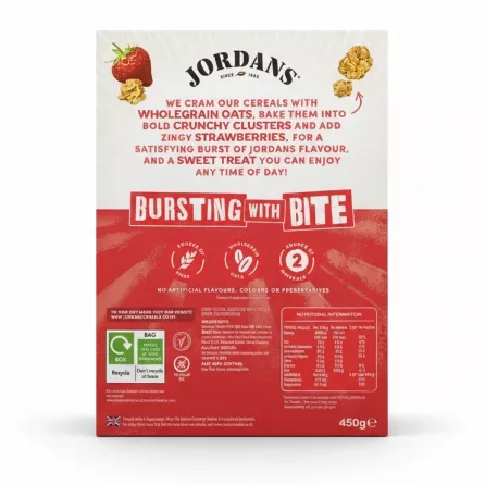 Back of Jordans Country Crisp Strawberry cereal box with product details and nutritional information