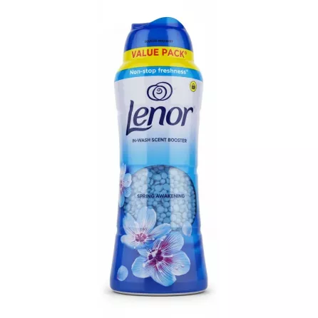Bottle of Lenor Spring Awakening in-wash scent booster beads with blue floral design