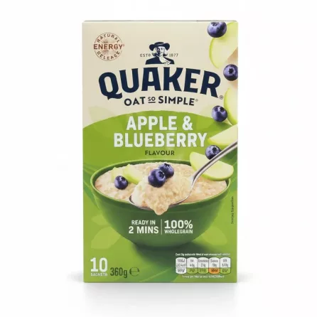 Box of Quaker Apple & Blueberry flavoured instant oats with bowl of porridge