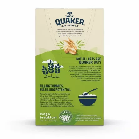 Back of Quaker Apple & Blueberry oat box showing product details and sustainability info