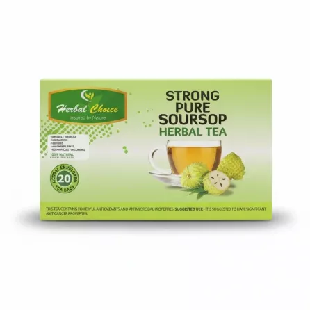 Box of Herbal Choice Strong Pure Soursop Herbal Tea with a cup of tea and soursop fruit illustration