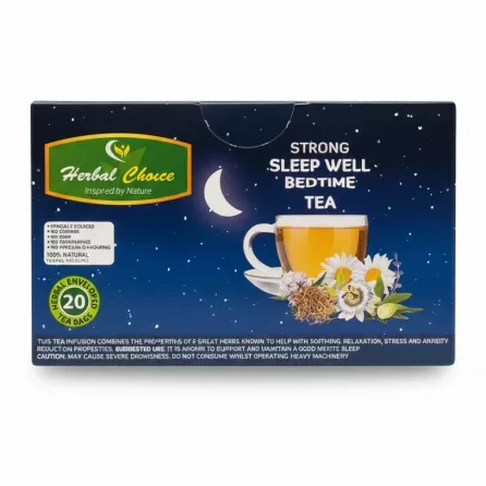Close-up of Herbal Choice Strong Sleep Well Bedtime Tea packaging showing product name and details