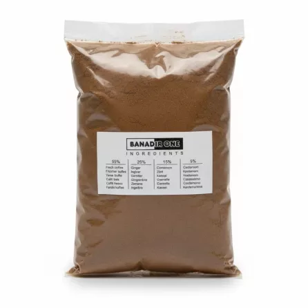 Back of pack showing ingredient percentages for coffee blend with spices