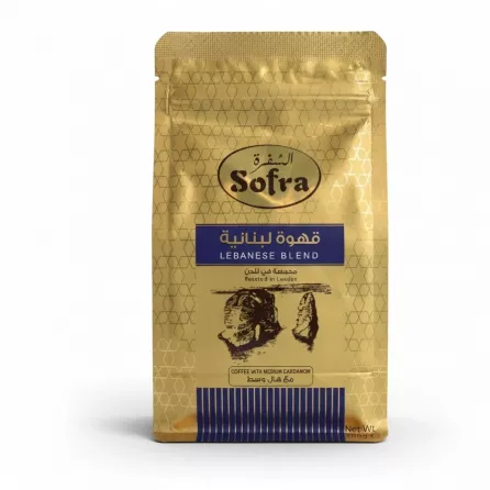 Front pack of Sofra Lebanese Blend Coffee with gold and blue design