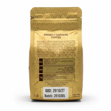 Back pack showing ingredients and storage instructions for Sofra Lebanese Blend Coffee