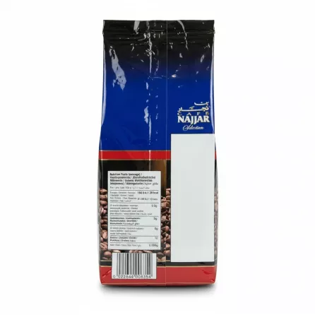 Cafe Najjar Selection Arabica 100% ground coffee pack - back view with nutritional facts