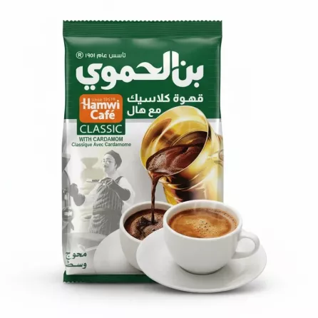 Front view of Hamwi Café Classic coffee package with cup of brewed coffee on a white background