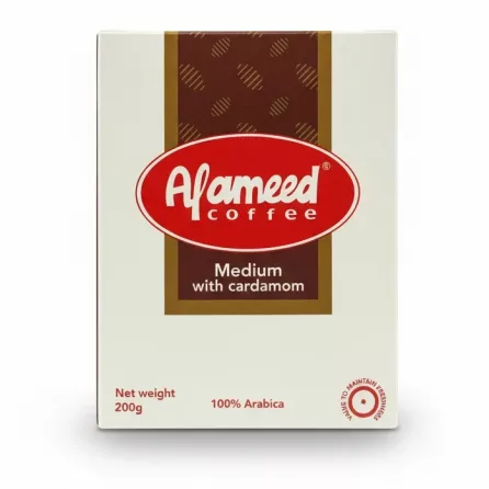 Alameed Coffee Medium with Cardamom back packaging showing brand and details