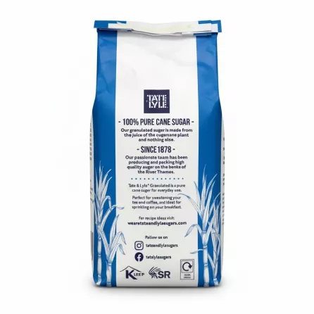 Back packaging of Tate & Lyle sugar with product description and usage information