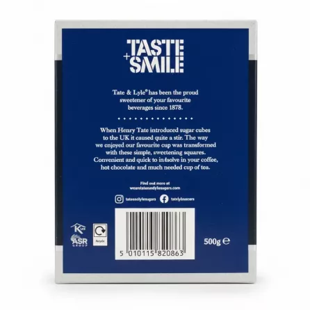 Back view of Tate & Lyle White Sugar Cubes 500g with product info