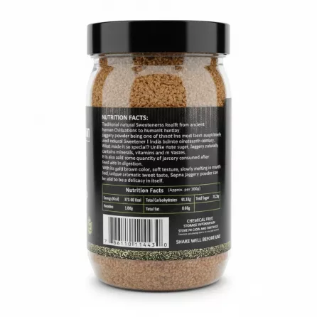Nutrition facts and product details on Sapna Desi Shakkar jar back