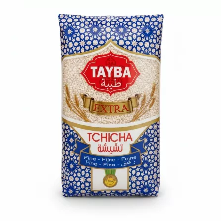 Front view of Tayba brand fine Tchicha barley semolina package showing blue and gold design