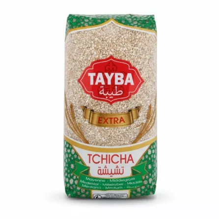 Front view of Tayba Extra Tchicha barley semolina 1kg packaging