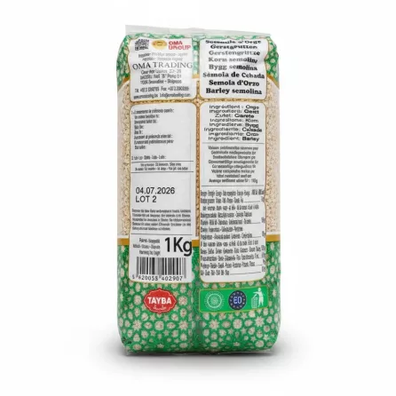 Back view showing ingredients, nutritional facts and barcode of Tayba Extra Tchicha barley semolina 1kg