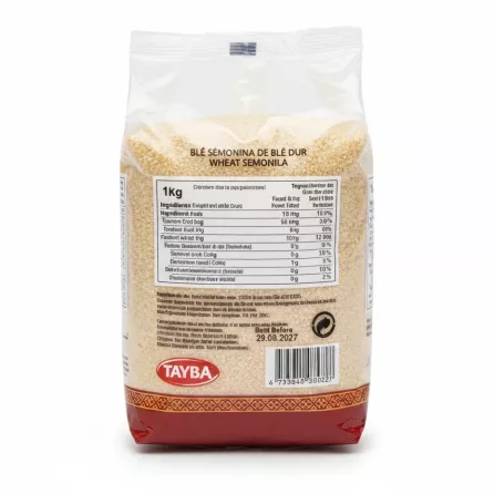Back view of Tayba Wheat Semolina Tchicha packaging with nutritional and ingredient information