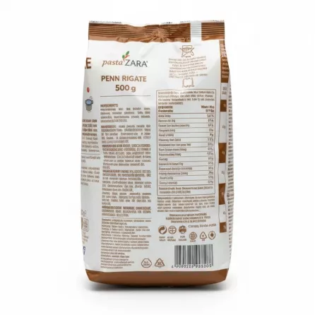 pastaZARA Penne Rigate whole wheat 500g back packaging with ingredients