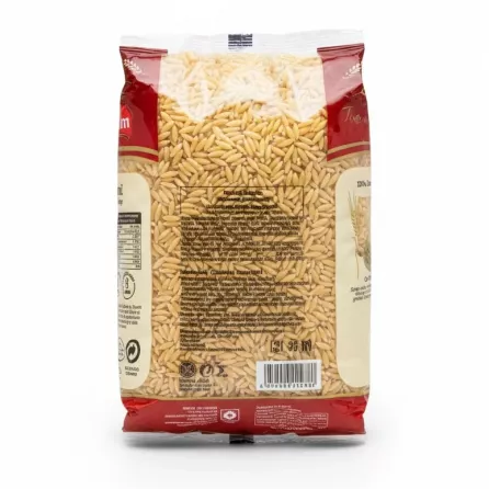 Back packaging of Bodrum Risoni pasta with ingredients and cooking instructions