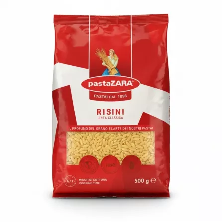 PastaZARA Risini pasta package front view with red and white design