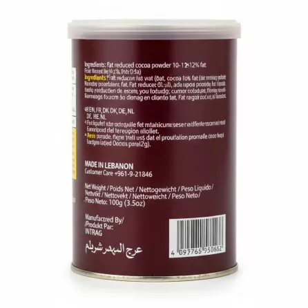Back label of Aruba cocoa powder with product details