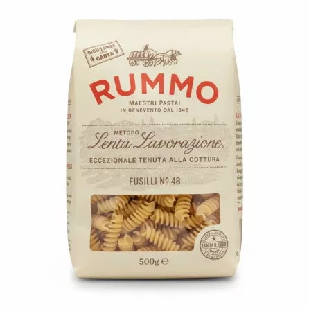 Package of Rummo Fusilli No 48 pasta showing spiral shape