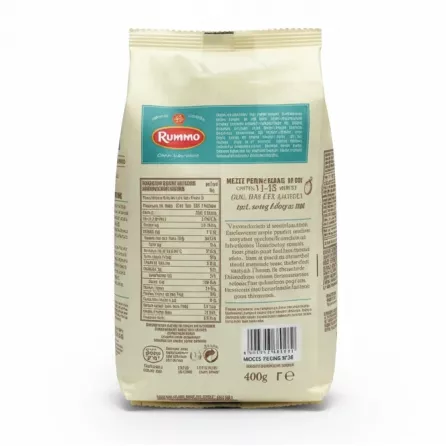 Back of Rummo Mezze Penne Rigate gluten free pasta pack with nutritional info