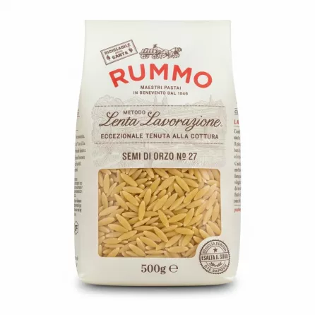 Pack of Rummo Semi Di Orzo No 27 pasta showing barley shaped pasta through window