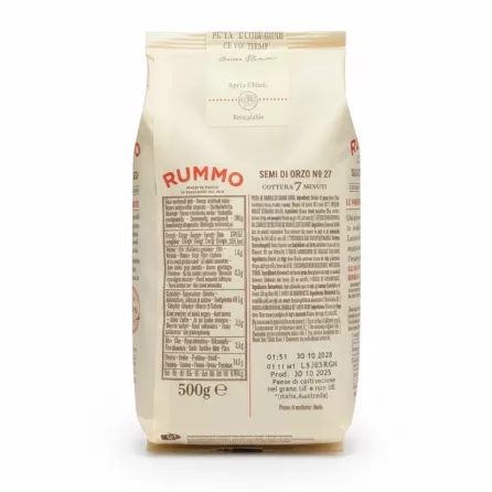 Back of Rummo pasta pack with nutritional information and resealable label