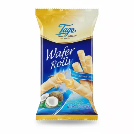 Tago brand wafer rolls with coconut flavour cream in blue and yellow packaging