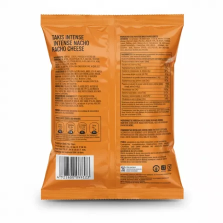 Takis Intense Nacho Cheese snack bag back with ingredients