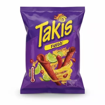 Front view of Takis Fuego spicy lime rolled corn tortilla snacks in purple packaging