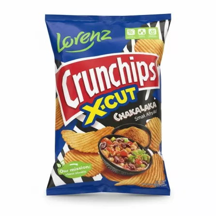 Front view of Lorenz Crunchips X-Cut Spicy Chakalaka flavour bag showing branding and flavour image