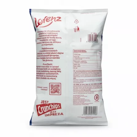 Back of Lorenz Crunchips bag displaying nutritional info, ingredients and barcode