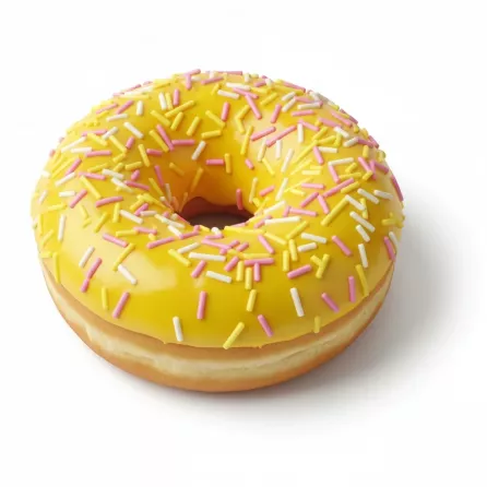 Bavelli banana flavour donut with yellow icing and sprinkles