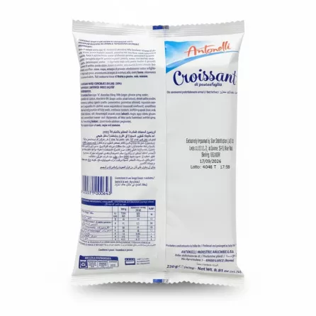 Back view showing ingredients and nutritional information on Antonelli Chocolate Cream Croissants packaging