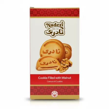 Back of Naderi walnut filled cookies box with product logo and cookies image