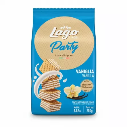Lago Party Vanilla Wafer 250g front packaging with blue and beige design